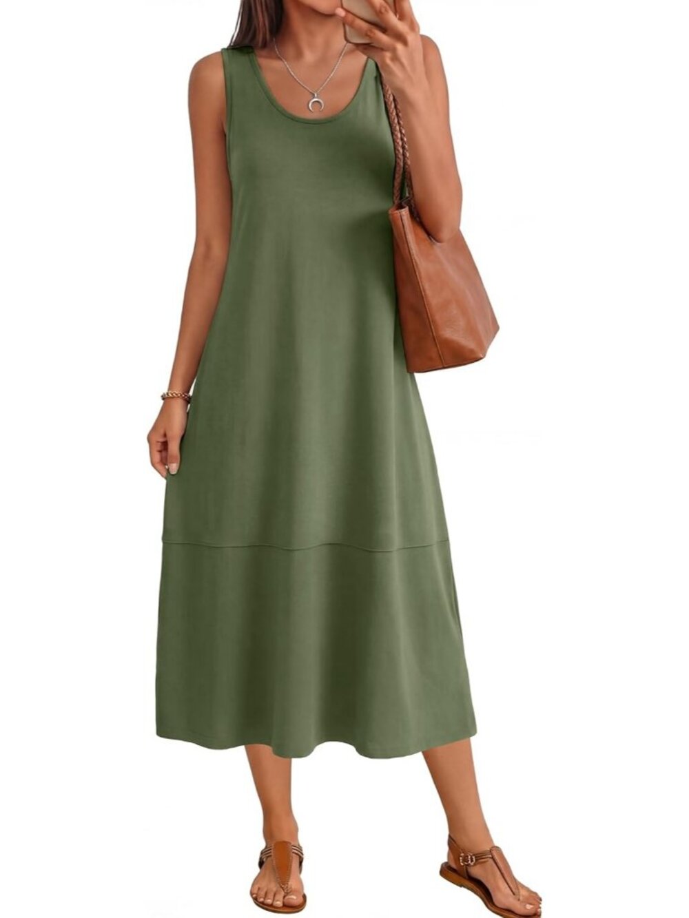 Women Olive Green Cotton Midi Sleeveless Dress Trendy Beach Casual Long Sundress